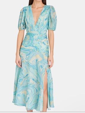 Seafoam Marble V-Neck Midi Dress with Side Slit